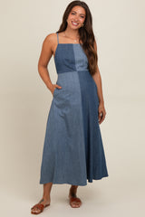 Blue Contrast Denim Maternity Maxi Dress