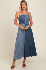 Blue Contrast Denim Maxi Dress