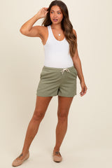 Olive Checker Plaid Drawstring Maternity Shorts