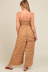 Yellow Printed Smocked Wide Leg Maternity Jumpsuit