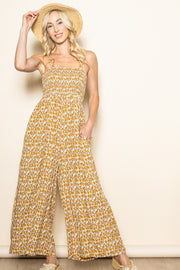 Yellow Printed Smocked Wide Leg Jumpsuit