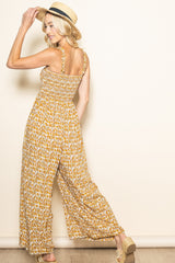 Yellow Printed Smocked Wide Leg Jumpsuit