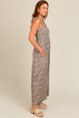 Taupe Printed Smocked Wide Leg Jumpsuit