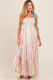 Multicolor Striped Shoulder Tie Smocked Maternity Maxi Dress