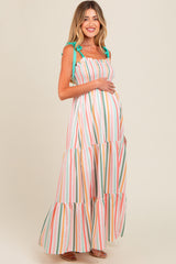 Multicolor Striped Shoulder Tie Smocked Maternity Maxi Dress