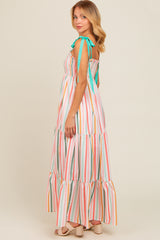 Multicolor Striped Shoulder Tie Smocked Maxi Dress