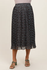 Brown Floral Print Chiffon Pleated Maternity Midi Skirt