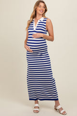 Navy Striped Knit Polo Maternity Fitted Maxi Dress