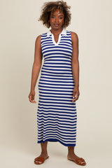 Navy Striped Knit Polo Fitted Maxi Dress