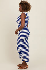 Navy Striped Knit Polo Fitted Maxi Dress