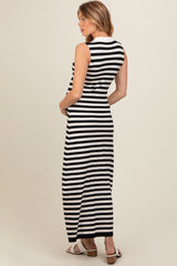 Black Striped Knit Polo Maternity Fitted Maxi Dress