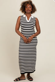 Black Striped Knit Polo Fitted Maxi Dress