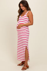 Fuchsia Striped Sleeveless Side Slit Maternity Maxi Dress