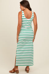 Green Striped Sleeveless Side Slit Maternity Maxi Dress