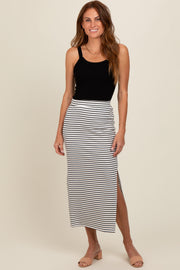 White Striped Fitted Side Slit Maxi Skirt