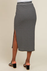 Black Striped Fitted Side Slit Midi Skirt