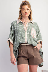 Light Olive Floral Contrast Print Button Down Top