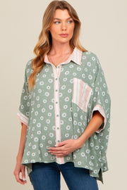 Light Olive Floral Contrast Print Maternity Button Down Top