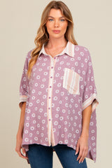 Lavender Floral Contrast Print Maternity Button Down Top