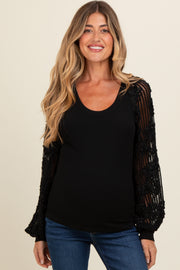 Black Floral Lace Balloon Sleeve Maternity Top