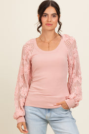 Light Pink Floral Lace Balloon Sleeve Top