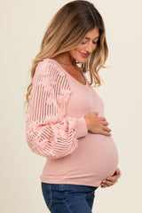 Light Pink Floral Lace Balloon Sleeve Maternity Top