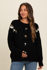 Black Embroidered Flower Cable Knit Maternity Sweater