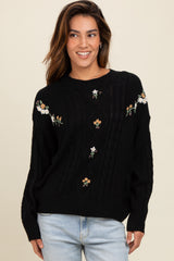 Black Embroidered Flower Cable Knit Maternity Sweater