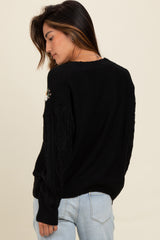 Black Embroidered Flower Cable Knit Sweater