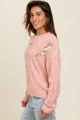 Mauve Embroidered Flower Cable Knit Sweater