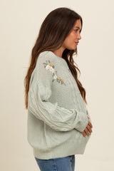 Mint Green Embroidered Flower Cable Knit Maternity Sweater