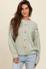 Mint Green Embroidered Flower Cable Knit Maternity Sweater