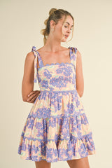 Lavender Nude Floral Tiered Scallop Trim Mini Dress