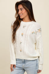 Ivory Embroidered Flower Cable Knit Sweater