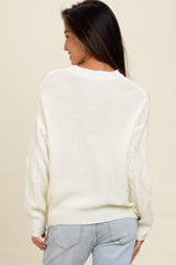 Ivory Embroidered Flower Cable Knit Sweater