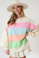 Ivory Colorblock Striped Cut Edge Sweatshirt