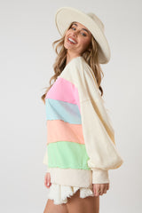 Ivory Colorblock Striped Cut Edge Sweatshirt