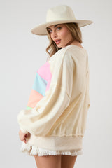 Ivory Colorblock Striped Cut Edge Sweatshirt