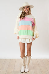 Ivory Colorblock Striped Cut Edge Sweatshirt