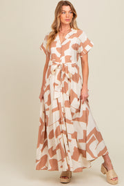 Taupe Printed Sash Tie Button Down Maternity Maxi Dress