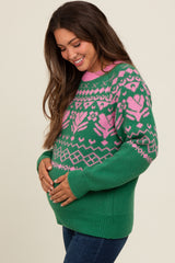 Green Contrast Vintage Print Maternity Sweater