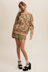 Olive Floral Drop Shoulder Sweater