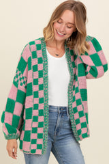 Pink Checkered Cardigan Sweater