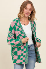 Pink Checkered Cardigan Sweater