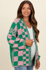 Pink Checkered Maternity Cardigan Sweater