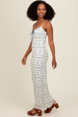 Navy Blue Printed Ribbon Detail Maxi Dress