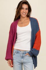 Magenta Colorblock Bubble Sleeve Cardigan