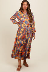 Orange Paisley Print Pleated Button Down Maternity Midi Dress