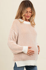 Camel Two Tone Ribbed Knit Maternity Sweater