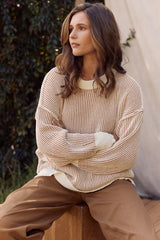 Camel Two Tone Ribbed Knit Maternity Sweater